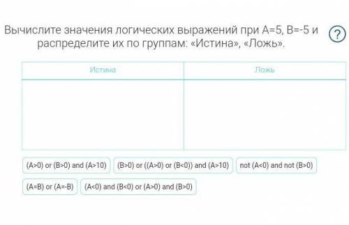 Вычислите значения логических выражений при а=5,б=-5,и распределите их по группам истина,ложь​