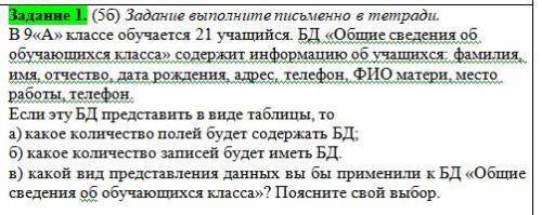 ??!?! В 9«А» классе обучается 21 учащийся. БД «Общие сведения об обучающихся класса» содержит информ