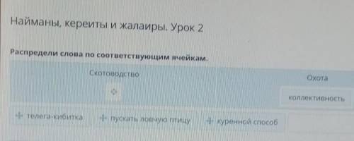 Найманы, керейты и жалайры. Урок 2 Распредели слова по соответствующим ячейкам.СкотоводствоОхотаколл