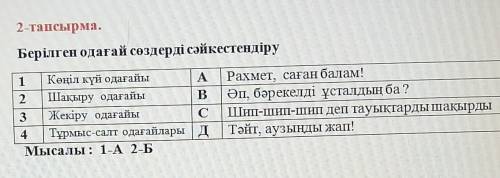 Берілген одағай сөздерді сәйкестендіру 1Көңіл күй одағайыАРахмет, саған балам! 2Шақыру одағайыВӘп, б