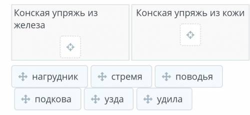 Распредели элементы конской упряжи по двум категориям конская упряж из железа конская упряж из кожи