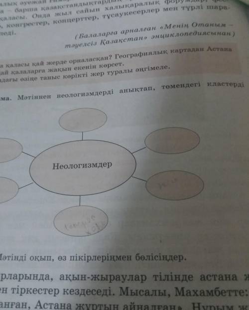 6-тапсырма. Мәтіннен неологизмдерді анықтап, төмендегі кластердітолтыр.Неологизмдер​