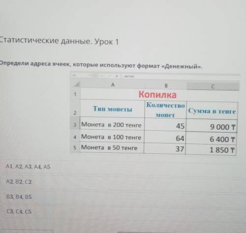 Определи адреса ячеек, которые используют формат «Денежный». ABСКопилка1Тип монетыКоличествоCynma B