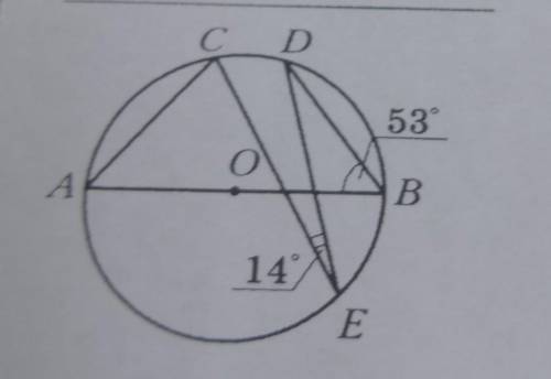 В окружности с центром о проведён диаметр AB (рис. 94). Найдите угол CAB, если ZCED = 14, ZABD ==53