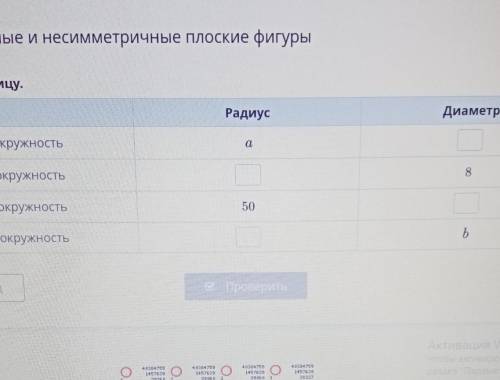 Симметричные и несимметричные плоские фигуры Заполни таблицу.РадиусДиаметр1 окружностьа82 окружность
