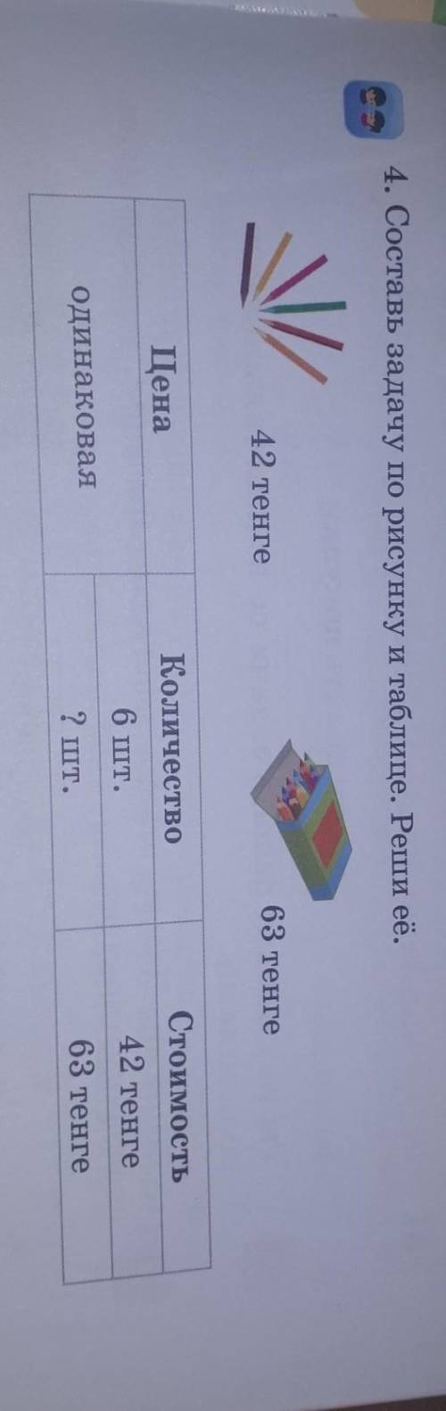 Составь задачу по рисунку и таблице .реши ее. 6 шт крандашей 42 тг, ? шт карандашей 63 тг