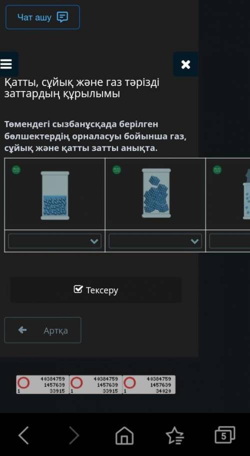 Төмендегі сызбанұсқада берілген бөлшектердің орналасуы бойынша газ, сұйық және қатты затты анықта. ￼