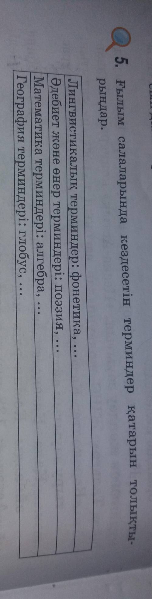 Қазақ тілі. 5-тапсырма. Ғылым қалаларындағы кездесетін терминдер қатарын толықтырыңдар