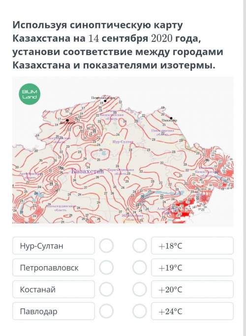 Используя синоптическую карту Казахстана на 14 сентября 2020 года, установи соответствие между город