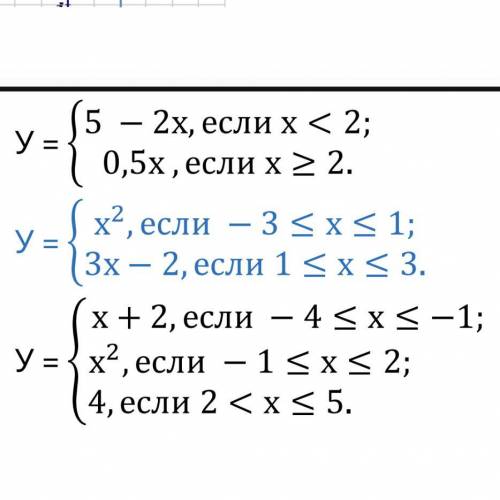 y = \left\{ \begin{array} { c } { 5 - 2 x , \text { если } x < 2 } \\ { 0,5 x , \text { если } x