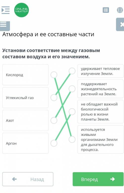 Атмосфера и ее составные части Установи соответствие между газовым составом воздуха и его значением.