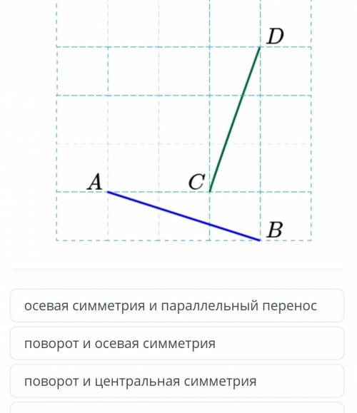 Для двух данных равных отрезков AB и CD на рисунке укажи движения, переводящие отрезок AB в отрезок