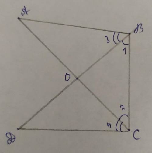 Дано: угол 1=угол 2, угол 3=угол 4.Доказать: а)∆АВС=∆ДСВ, б)∆АВО=∆ДСО​