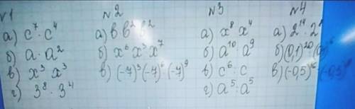 а)с⁷×с⁴ а)в×в²×в² б)а×а² б)х⁶×х³×х⁷в)х³×х³ в)(-7)³×(-7)⁶×(-7)⁹г)3⁸×3⁴а)х⁸:х⁴ а)2¹⁴:2⁸б)а¹⁰:а⁹ б)(0,1