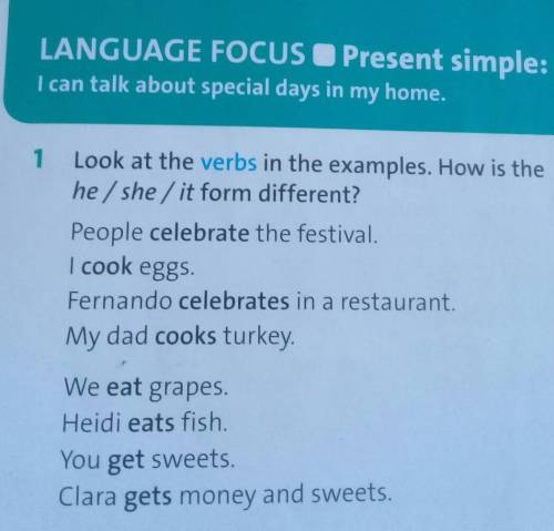 1 Look at the verbs in the examples. How is thehe/she/it form different?People celebrate the festiva