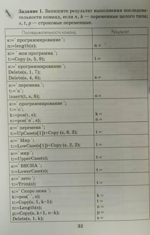 1.s:= 'программирование' Delete(s,1,7);Delete (s,4,6);s-?2. s:= 'перемена';t:= 'к';insert(t,s,8);s-?