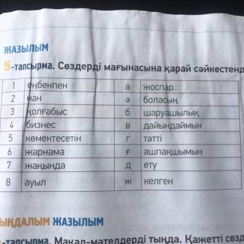 А Нан 5-тапсырма. Сөздерді мағынасына қарай сәйкестендір. 1 еңбекпен Жоспар 2 боласың 3 қолғабыс б ш