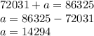 72 031 + a = 86 325\\a = 86325 - 72 031\\a =14294