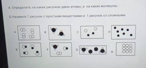 А. Определите, на каких рисунках даны атомы, а на каких молекулы. Б.Назавите 1 рисунок с простыми ве