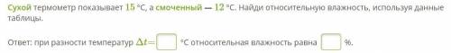 Сухой термометр показывает 15 °С, а смоченный — 12 °С. Найди относительную влажность, используя данн