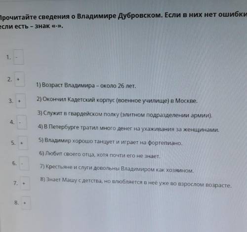 Прочитайте сведения о Владимире Дубровском если в них нет ошибок поставьте возле соответствующие циф