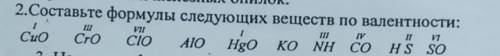 надо составьте формулы следующих веществ по валентности: CuO1;CrO3;CIO7;AIO;HgO1;KO;NH3;CO4;H S2;SO6