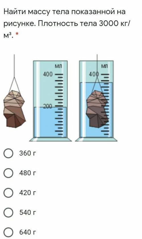Найти массу тела показанной на рисунке. Плотность тела 3000 кг/м³. * 360 г480 г420 г​