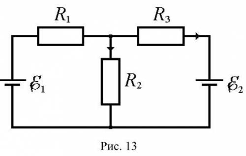Два источника тока с ЭДС E1 = 4 В и E2 = 3 В и три резистора с сопротивлениями R1 = 2 Ом, R2 = 6 Ом