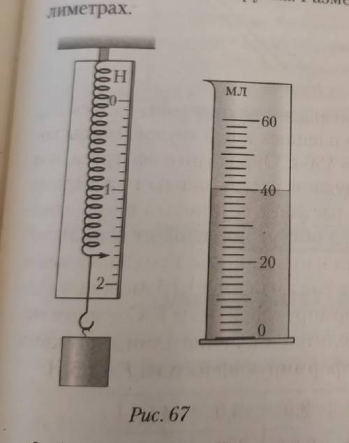 на рисунке 67 изображены подвешенный к динамометру латунный цилиндр и мензурка с водой. Чему равен в