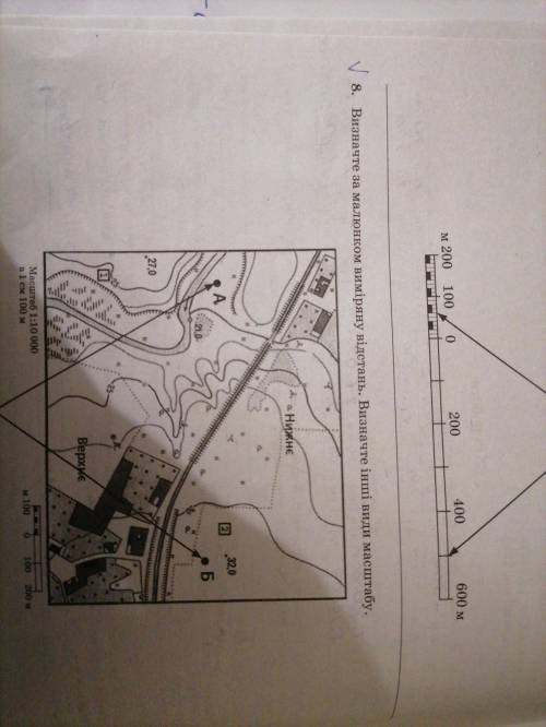 Визначте за малюнком виміряну відстань. Визначте інші види масштабу. На прикреплённом файле. 6 клас