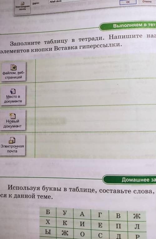 Заполните таблицу в тетради. Напишите назначения элементов кнопки Вставка гиперссылки.файлом, веб-ст