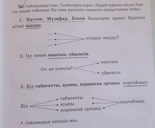 Аз сойлемдерді оқы. Сызбаларга карап, бірдей суракка жауап бере тін сөздер сөйлемде бір ғана мүшенің