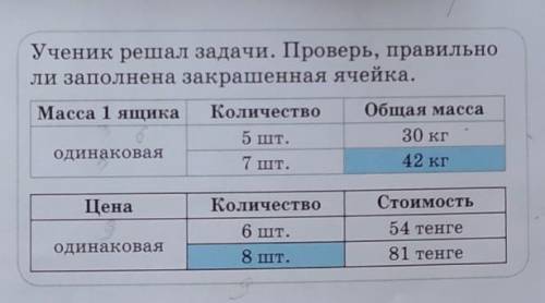 Ученик решал задачи. Проверь, правильноли заполнена закрашенная ячейка.​