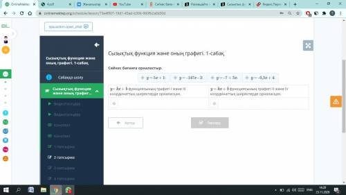 Размещайте согласно графу. график функции y = kx + b находится в координатных четвертях I и III.граф