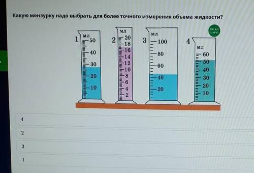 дайте скрин в онлайн мектеп что правильно, зелёное? Какую мензурку надо выбрать для более точного из