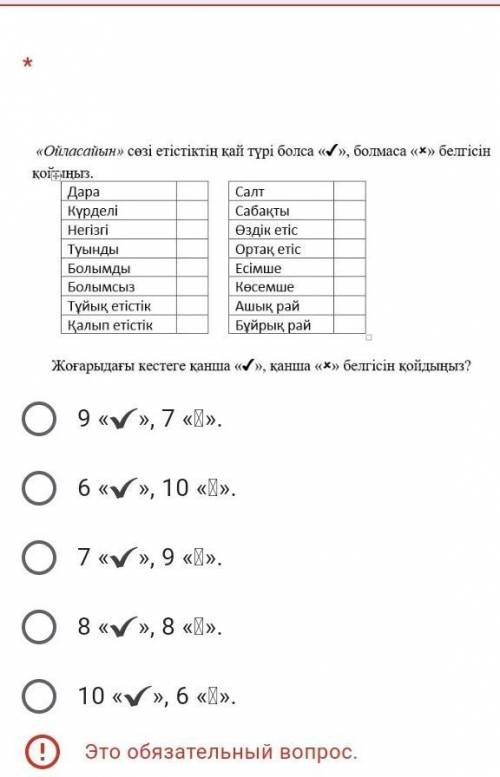 ойласайын сөзі етістікдің қай түрі болса ✔ , болмаса ✖ белгісін қойыңыз. осыған жауап керек дә