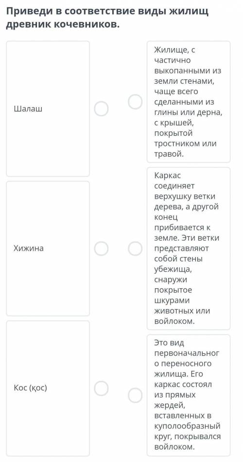 Приведи в соответствие виды жилищ древник кочевников. ШалашХижинаКос (қос)Жилище, с частично выкопан