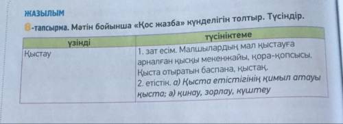 ЖАЗЫЛЫМ 8-тапсырма. Мәтін бойынша «Қос жазба» күнделігін толтыр. Түсіндір.