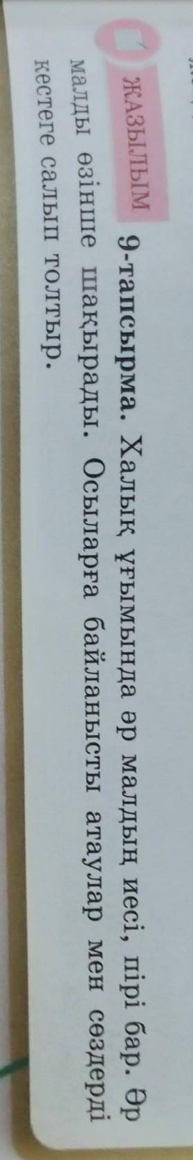 ЖАЗЫЛЫМ 9-тапсырма. Халық ұғымында әр малдың иесі, пірі бар. Әрмалды өзінше шақырады. Осыларға байла