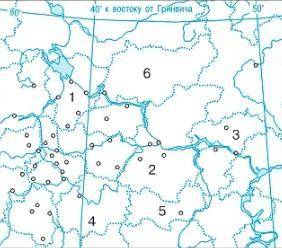 времени мало! Какие субъекты РФ обозначены на карте под цифрами 1,2,3,4,5,6?