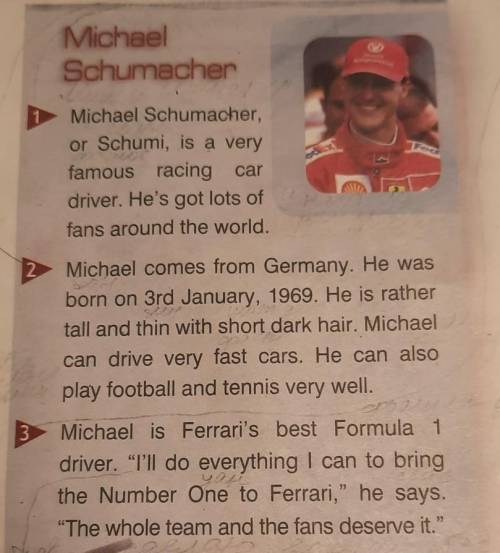 Заполнить таблицу опираясь на текст Full Name: Michael Schumacher Occupation: Team:Born:Personal det