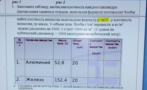 Рис 1 рис 21. Заполните таблицу, вычислив Плотность каждого цилиндра(вычисления запиши в тетради, ис