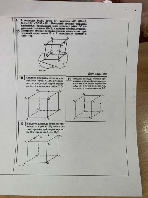 Найдите площадь сечения единичного куба А1D1 плоскостью, проходящей через вершины A1, B и середину р