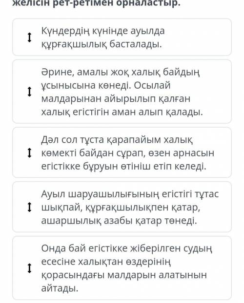 Шығарманың мазмұны бойынша оқиға желісін рет-ретімен орналастыр.​