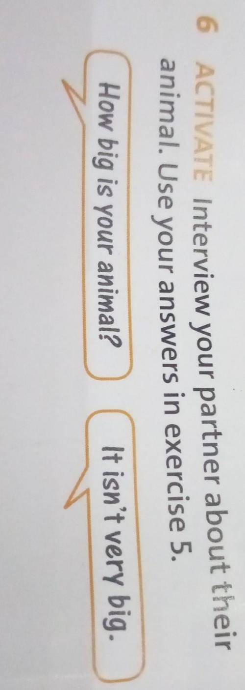 6 ACTIVATE Interview your partner about their animal. Use your answers in exercise 5.How big is your