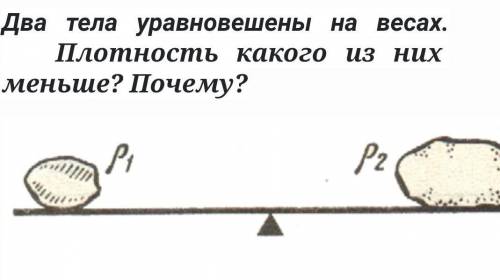 Два тела уравновешены на весах.    Плотность какого из них  меньше? Почему?​