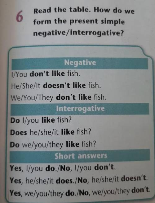 6 Read the table. How do weform the present simplenegative/interrogative?91NegativeI/You don't like