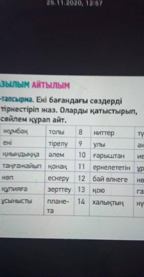 Екі бағандағы сөздерді тіркестіріп жаз.Оларды қатыстырып сөйлем құрап айт.​