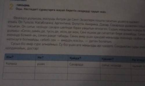 2 тапсырмаOы. Кестедегі сұрақтарға жауап беретін сөздерді тери -рау уаn wаушы Антуан де Сен оорупене