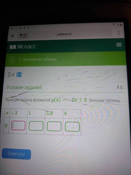 Функция задана формулой y(x)=-2+3. Заполни таблицу.